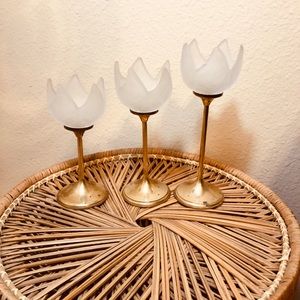 Vintage Tulip Frosted Glass Brass Candlesticks